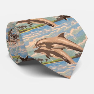 Hand Painted By Number Playful Dolphins Neck Tie