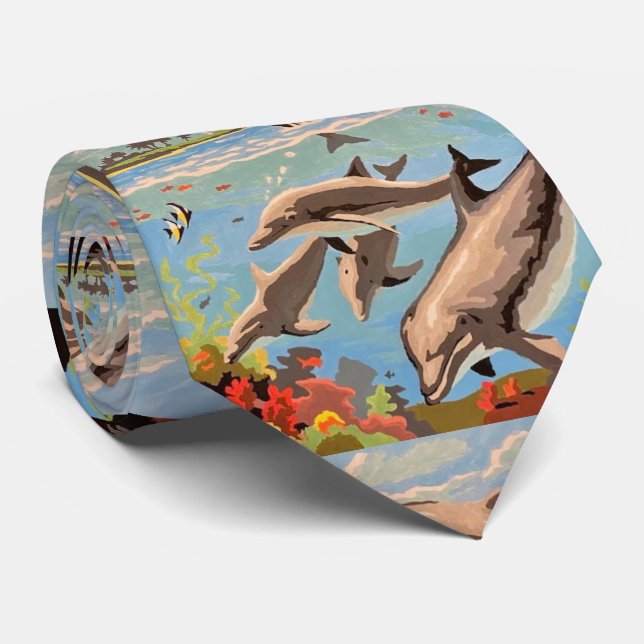 Hand Painted By Number | Playful Dolphins | Neck Tie (Rolled)