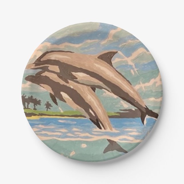 Hand Painted By Number | Playful Dolphins | Paper Plates (Front)