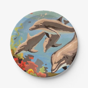 Hand Painted By Number Playful Dolphins Paper Plates