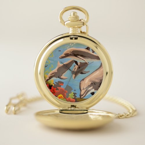Hand Painted By Number  Playful Dolphins  Pocket Watch