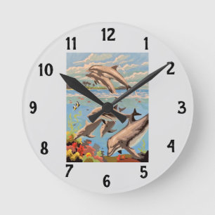Hand Painted By Number Playful Dolphins Round Clock