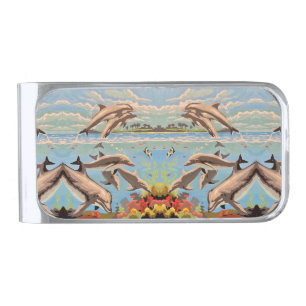 Hand Painted By Number Playful Dolphins Silver Finish Money Clip