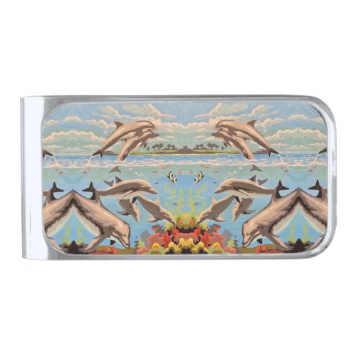 Hand Painted By Number  Playful Dolphins  Silver Finish Money Clip