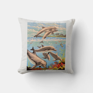 Hand Painted By Number Playful Dolphins Throw Pillow