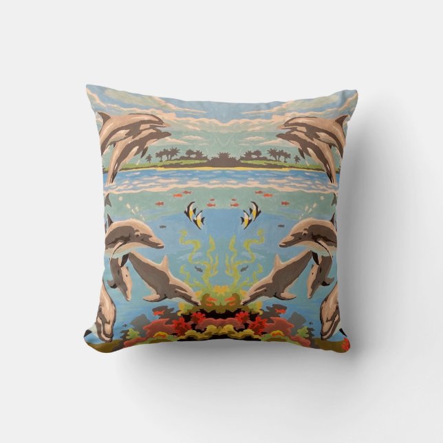 Hand Painted By Number | Playful Dolphins | Throw Pillow (Front)