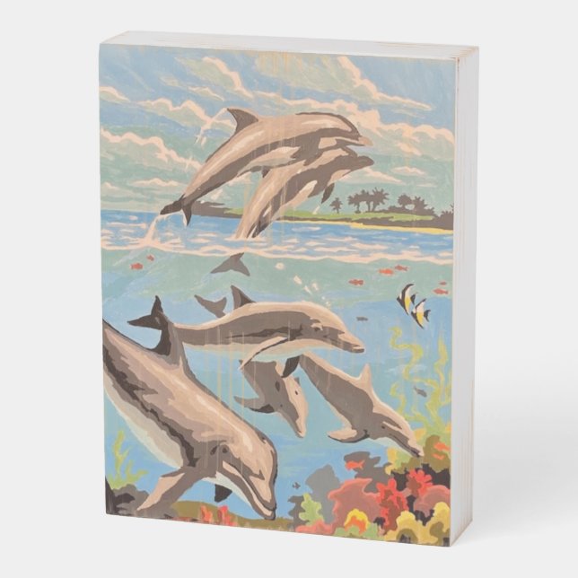 Hand Painted By Number | Playful Dolphins | Wooden Box Sign (Angled Vertical)