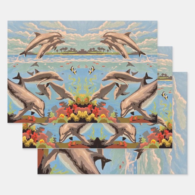 Hand Painted By Number | Playful Dolphins | Wrapping Paper Sheets (Set)