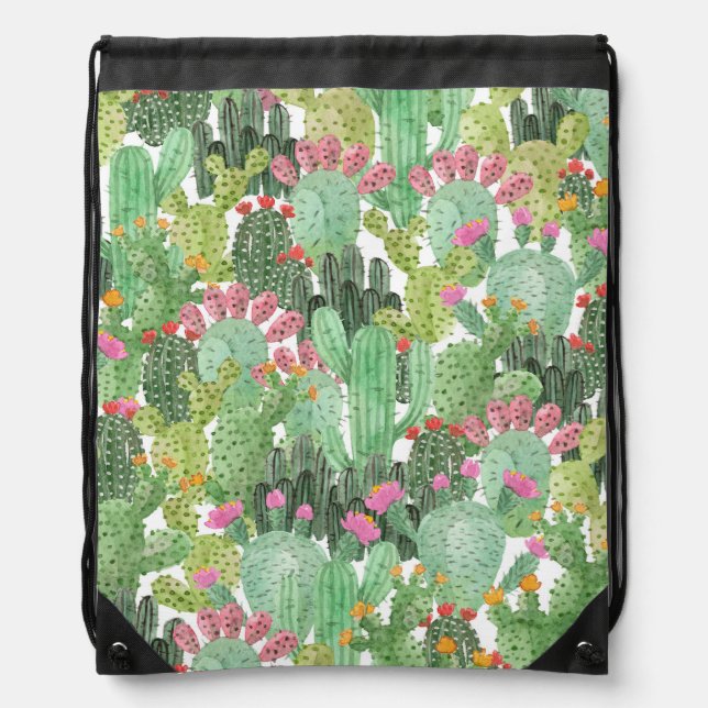 Hand Painted Cactus: Desert Green Drawstring Bag (Front)