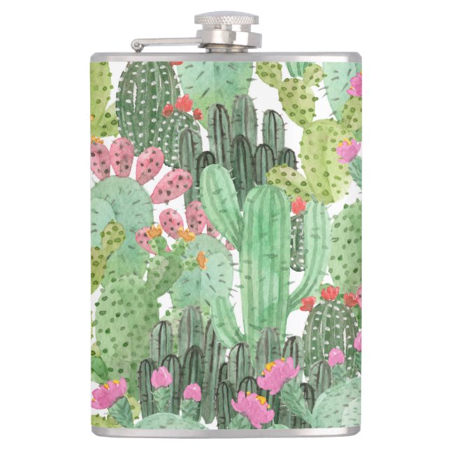 Hand Painted Cactus: Desert Green Flask (Front)
