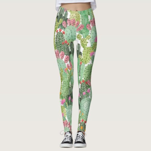 Hand Painted Cactus Desert Green Leggings