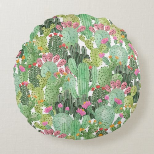 Hand Painted Cactus Desert Green Round Pillow