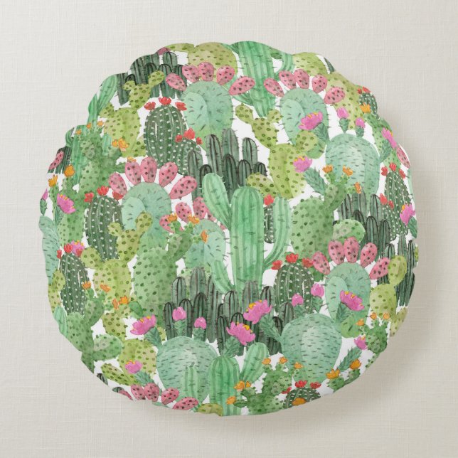 Hand Painted Cactus: Desert Green Round Pillow (Front)
