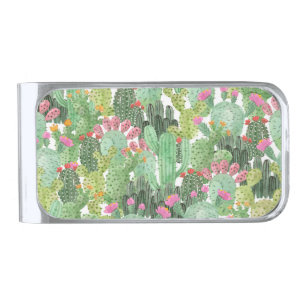 Hand Painted Cactus: Desert Green Silver Finish Money Clip