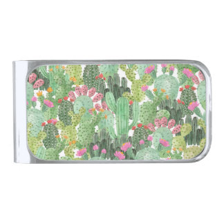 Hand Painted Cactus: Desert Green Silver Finish Money Clip