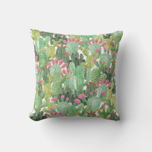 Hand Painted Cactus Desert Green Throw Pillow