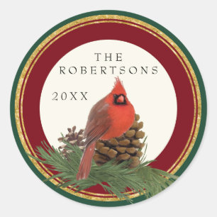 Hand Painted Cardinal Pine Cone Personalized Names Classic Round Sticker
