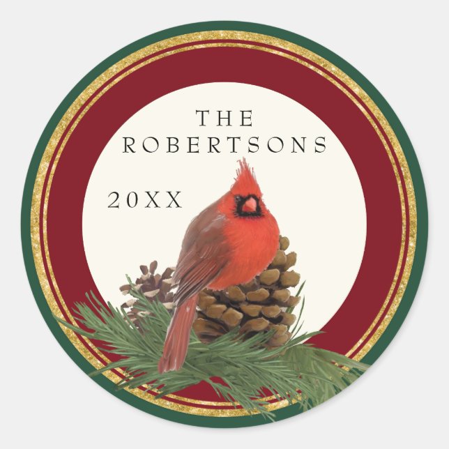 Hand Painted Cardinal Pine Cone Personalized Names Classic Round Sticker (Front)