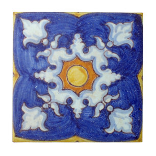 Hand Painted Ceramic Tile w/ Blues & Yellow