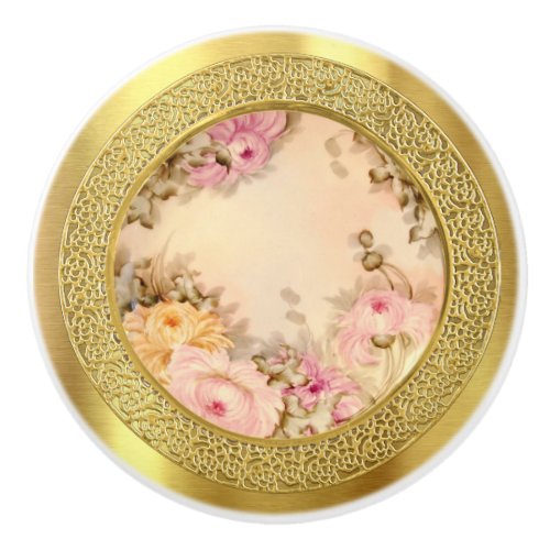 Hand Painted China Look Pink Roses Floral Antique Ceramic Knob