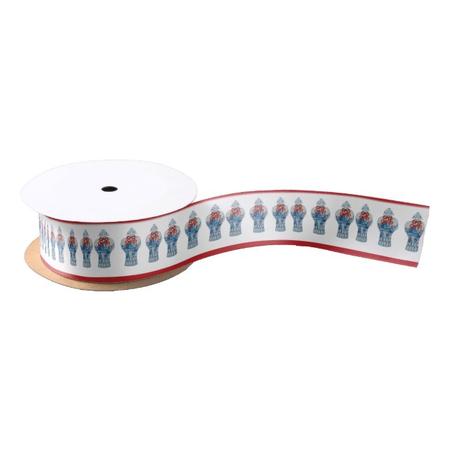 Hand Painted Christmas Blue and White Ginger Jar Satin Ribbon (Spool)