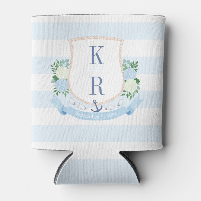 Hand Painted Coastal Monogram Crest Wedding Favor Can Cooler (Front)