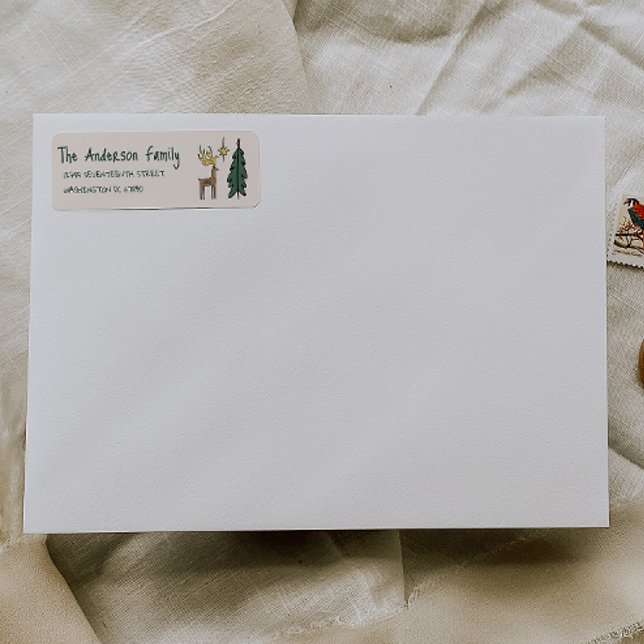 Hand Painted Cream Christmas Tree Reindeer Address Label (Creator Uploaded)