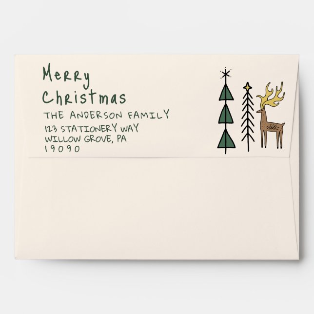 Hand Painted Cream Green Christmas Trees Reindeer Envelope (Back (Top Flap))