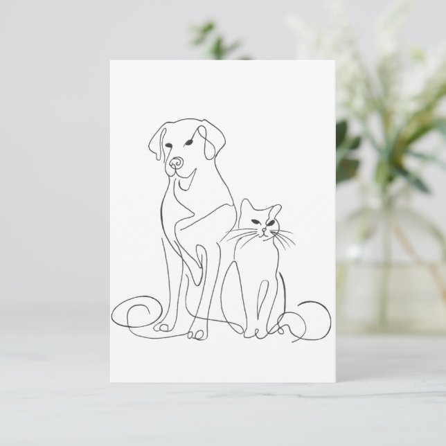 Hand Painted Dog and Cat  Line Art Illustration Invitation (Standing Front)