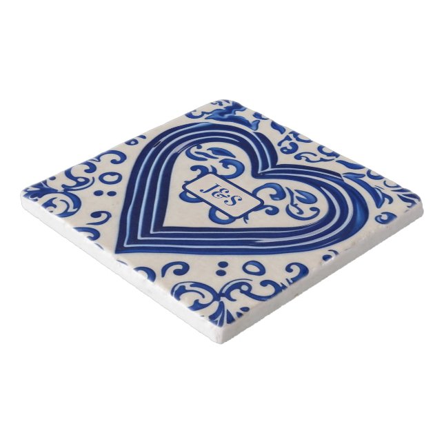 Hand-Painted Effect Heart - Dutch Blue Monogrammed Trivet (Corner)