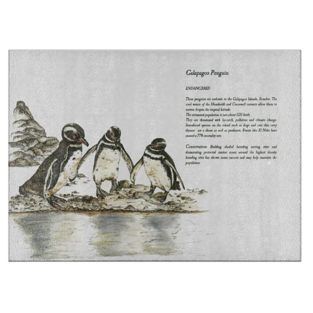 Hand-Painted Endangered Galapagos Penguins Cutting Board (Front)