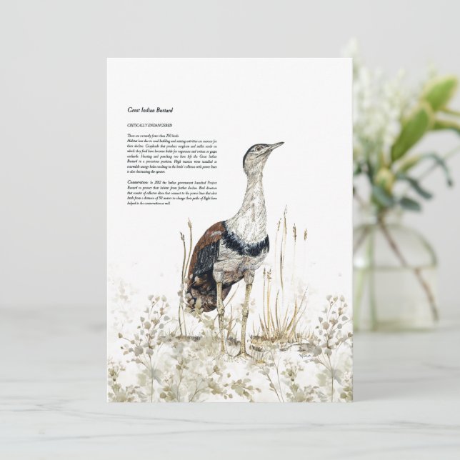 Hand-Painted Endangered Great Indian Bustard Holiday Card (Standing Front)