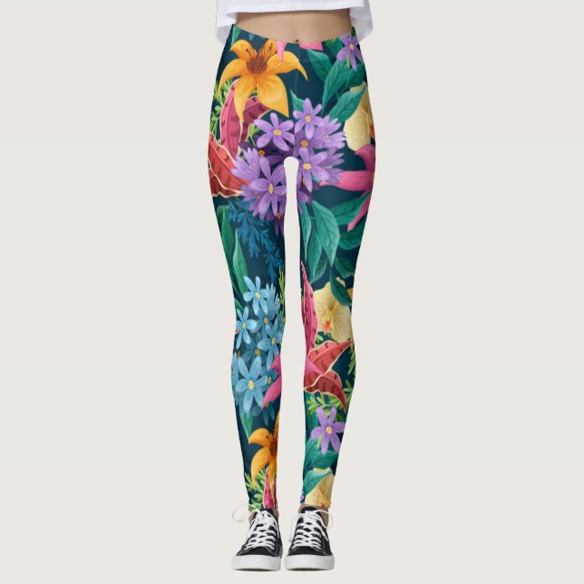 Hand Painted Exotic Floral Pattern-23001 Leggings (Front)
