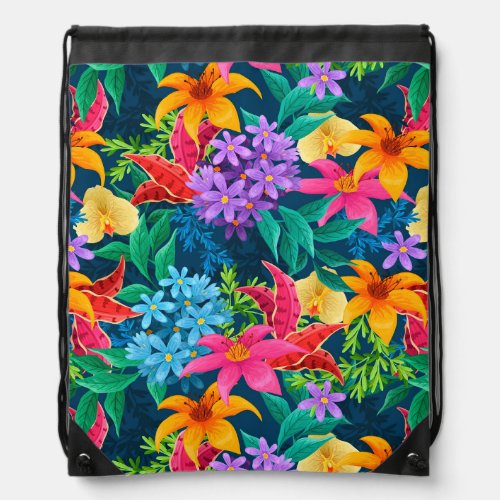 Hand Painted Exotic Floral Pattern Drawstring Bag