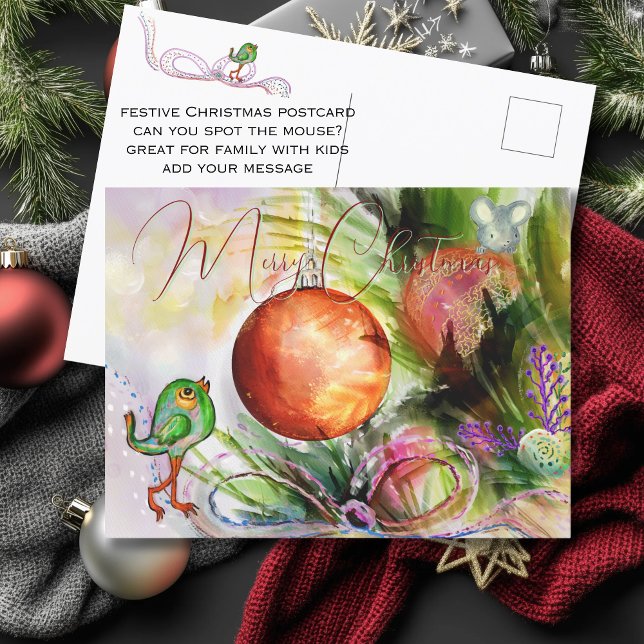 Hand-painted Festive Bird & Mouse  Postcard (Hand-painted Festive Bird & Mouse Postcard)