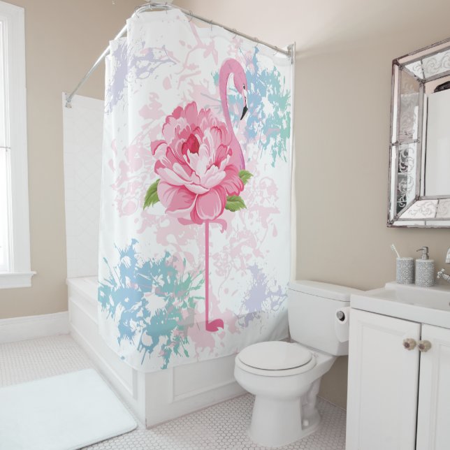 Hand painted flamingo design shower curtain (In Situ)