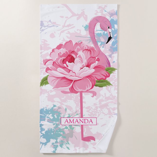 Hand painted flamingo Monogram Beach Towel (Front)