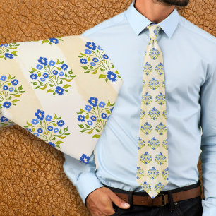Hand-painted Floral Blue Astor Bouquet Pattern Neck Tie