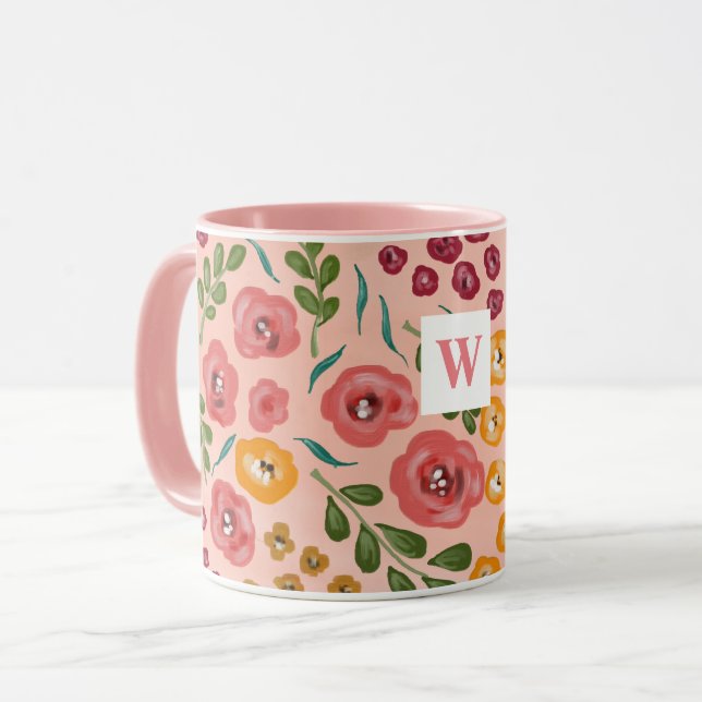 Hand-painted Floral Blush Pink Name Monogram Mug (Front Left)