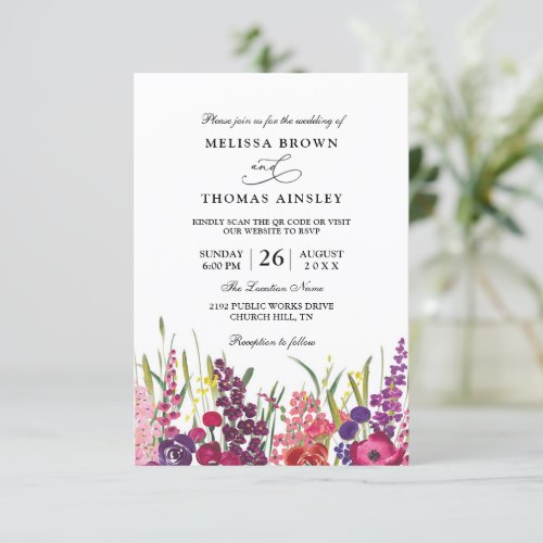 Hand Painted Floral Elegant Budget QR Code Wedding Invitation