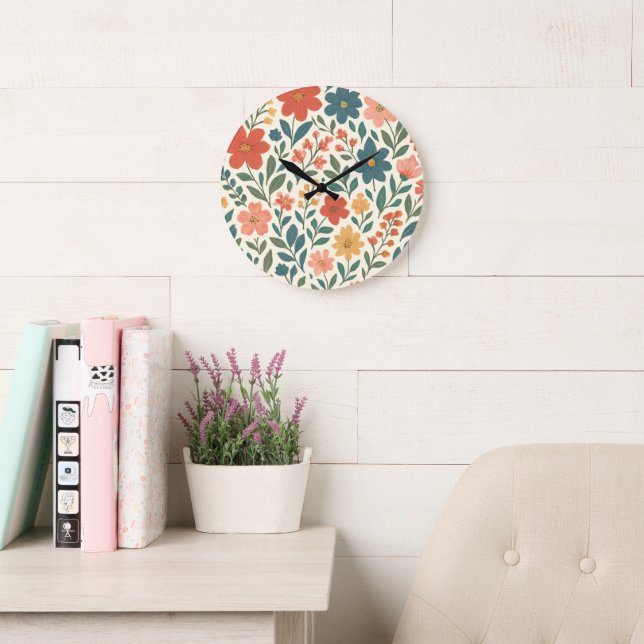 Hand-Painted Floral Pattern – Colorful Botanical  Large Clock (Reading Room)