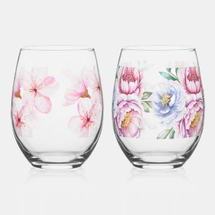 Hand Painted Floral Print  Stemless Wine Glass
