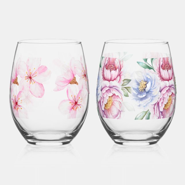 Hand Painted Floral Print  Stemless Wine Glass (Front)