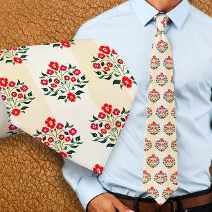 Hand-painted Floral Red Astor Bouquet Pattern Neck Tie