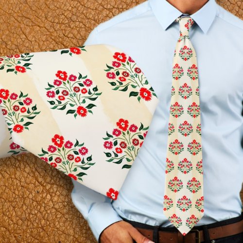 Hand-painted Floral Red Astor Bouquet Pattern Neck Tie
