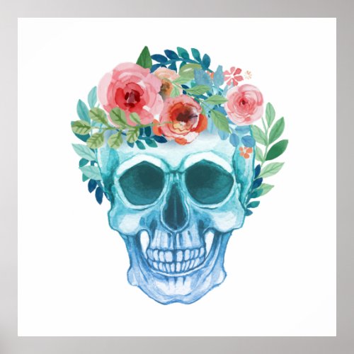 Hand painted floral skull illustration poster