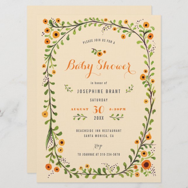 Hand Painted Floral Sunflower Boho Baby Shower Invitation (Front/Back)