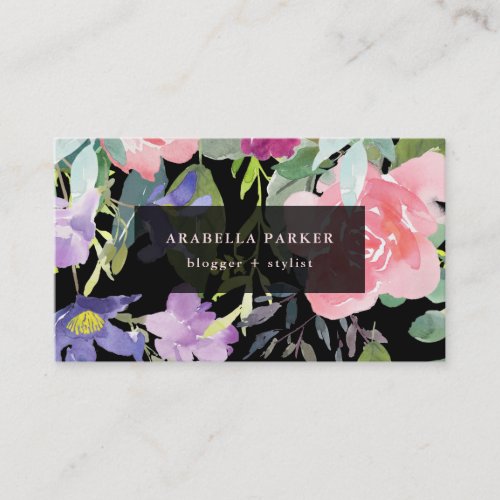 Hand Painted Floral  Trendy Watercolor on Black Business Card