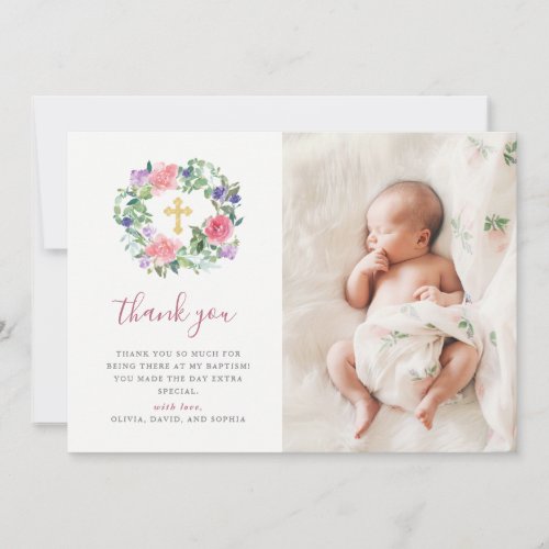 Hand Painted Floral Watercolor  Photo Baptism Thank You Card