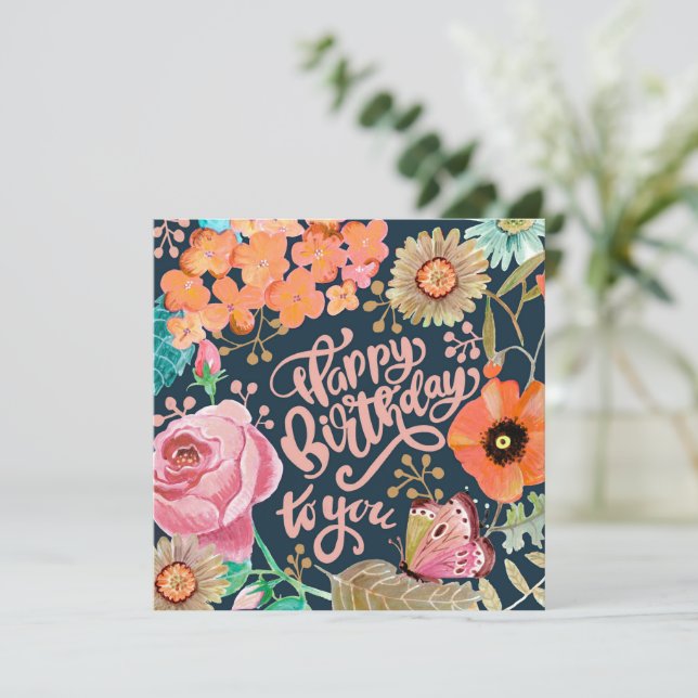 Hand painted Flower Birthday greeting card (Standing Front)